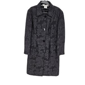 Vintage Carlisle Black Floral Jacquard Silk Blend Three Button Midi Overcoat 14